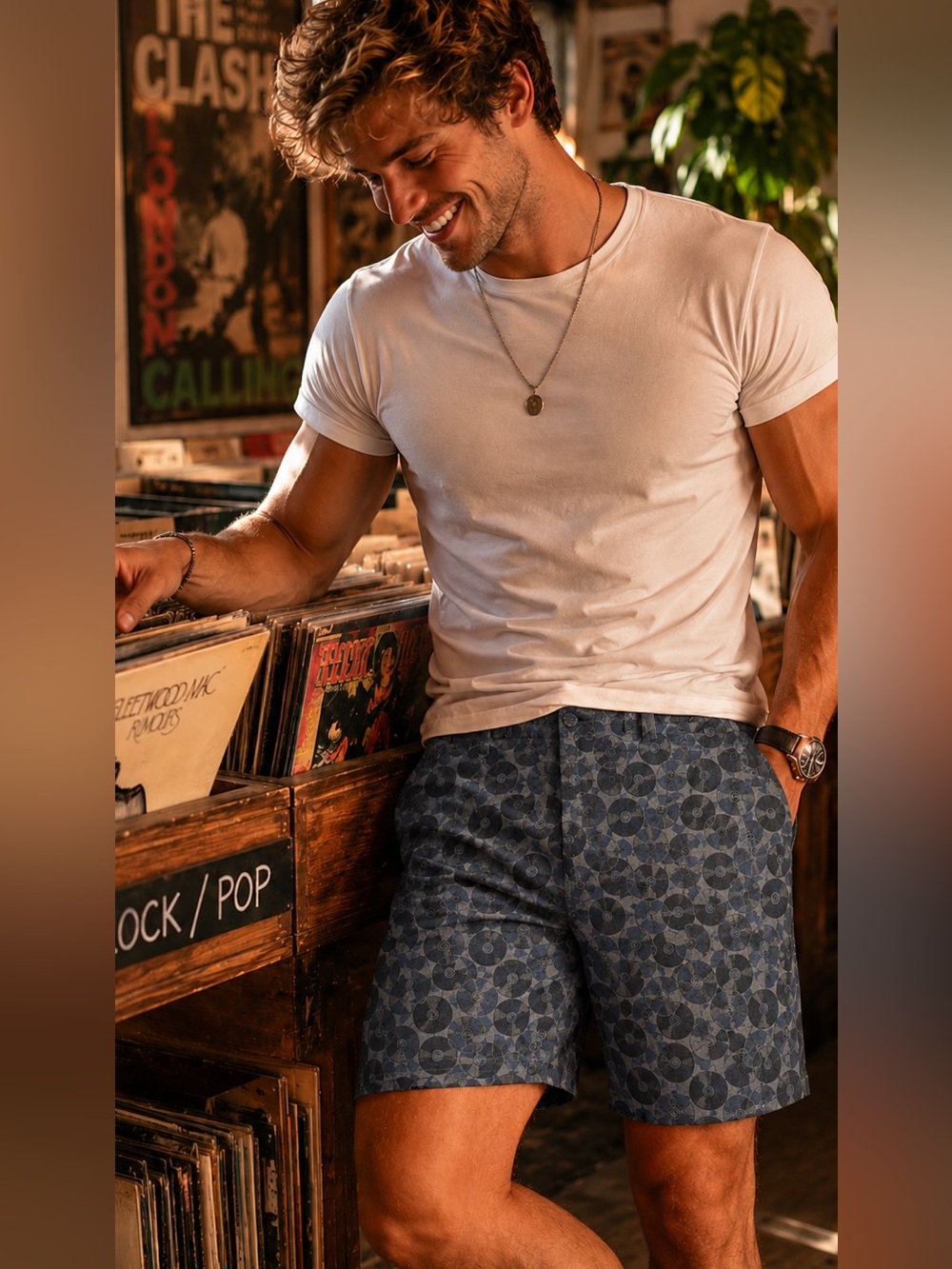 Ben Sherman Printed Shorts Mens 34 Blue Gray Novelty Record Pattern Flat Front 💿